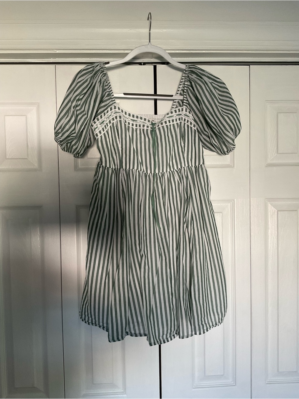 Green and White Striped Puff-Sleeve Dress